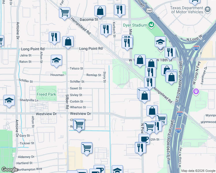 map of restaurants, bars, coffee shops, grocery stores, and more near 6330 Saxet Street in Houston