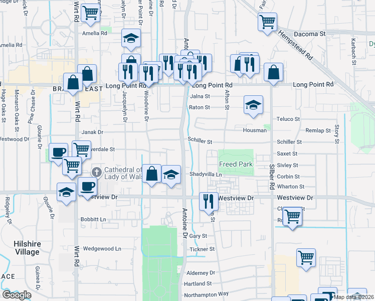 map of restaurants, bars, coffee shops, grocery stores, and more near 1521 Caywood Lane in Houston