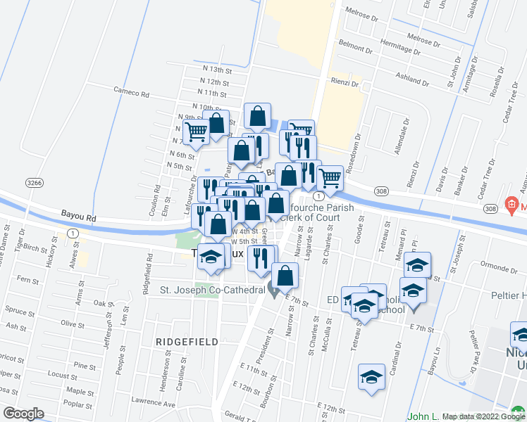 map of restaurants, bars, coffee shops, grocery stores, and more near 206 Green Street in Thibodaux