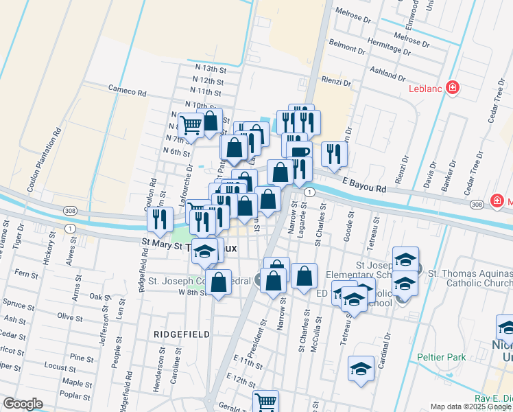 map of restaurants, bars, coffee shops, grocery stores, and more near 200 Green Street in Thibodaux