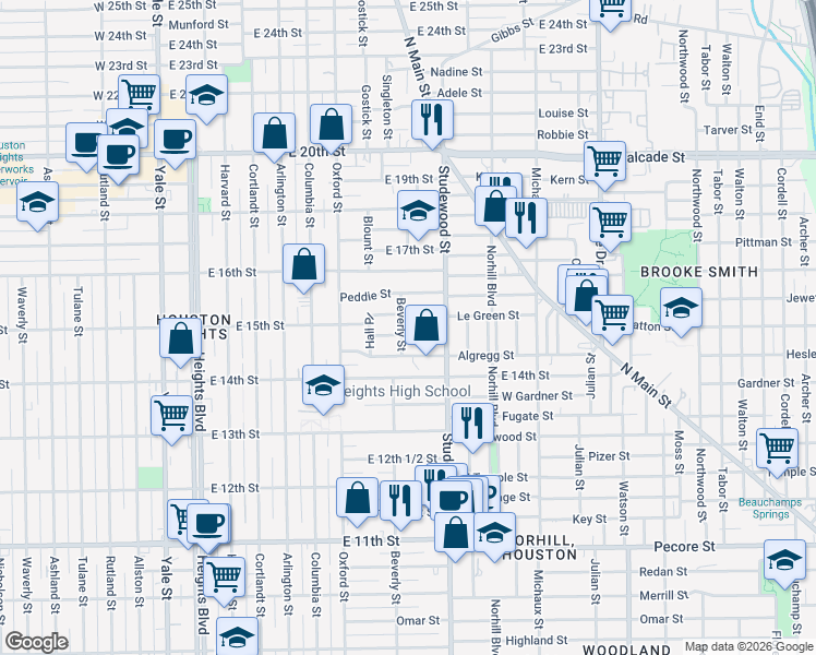 map of restaurants, bars, coffee shops, grocery stores, and more near 802 Ralfallen Street in Houston