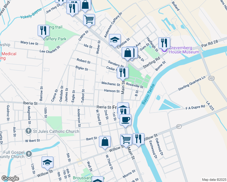 map of restaurants, bars, coffee shops, grocery stores, and more near 1020 Perret Street in Franklin