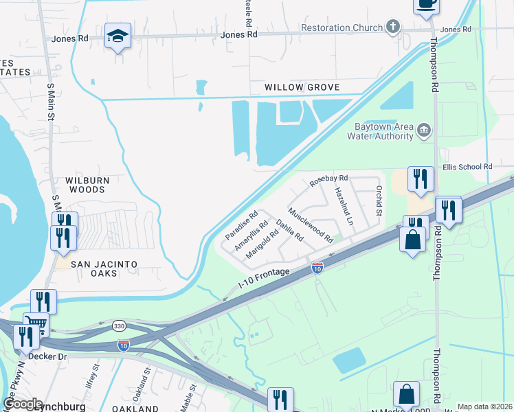 map of restaurants, bars, coffee shops, grocery stores, and more near 1023 Paradise Road in Baytown