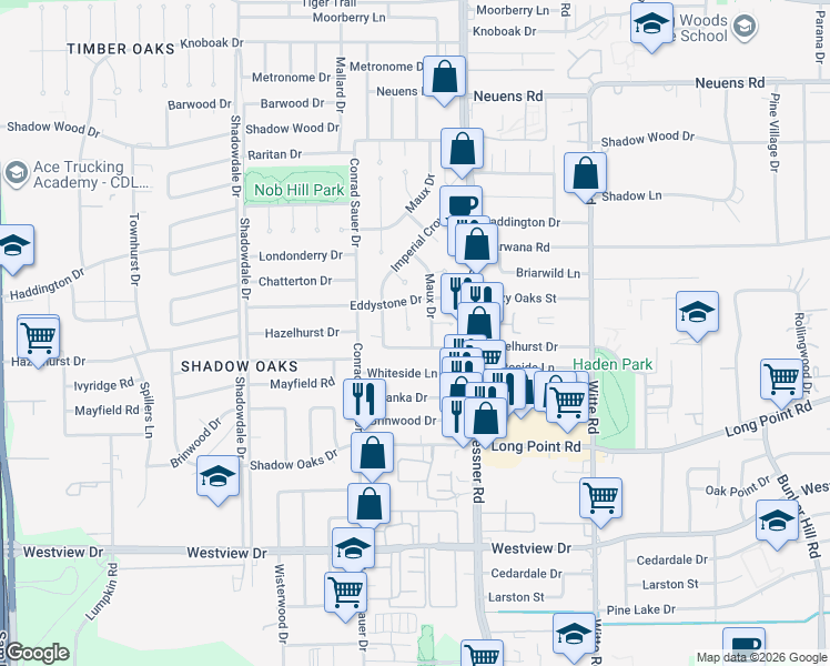 map of restaurants, bars, coffee shops, grocery stores, and more near 10135 Hazelhurst Drive in Houston
