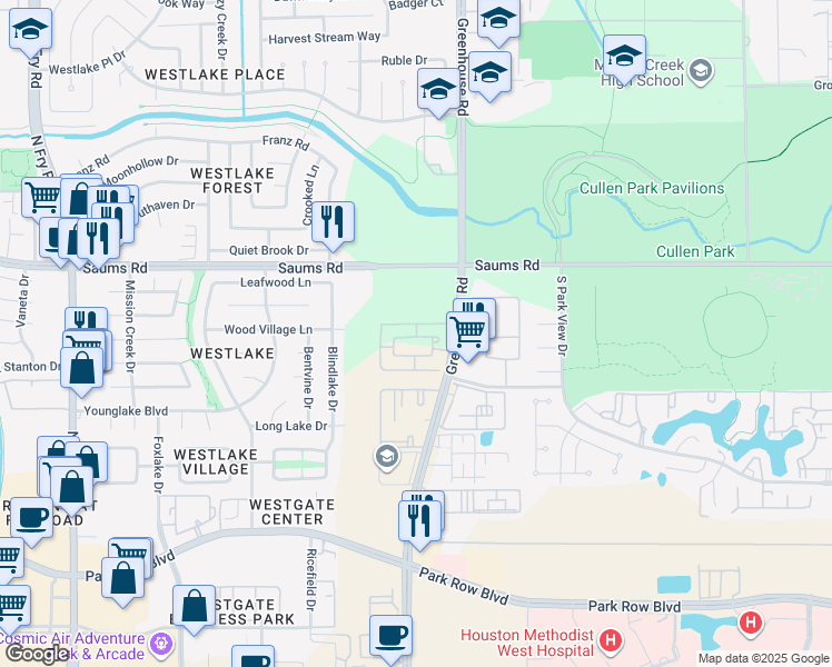 map of restaurants, bars, coffee shops, grocery stores, and more near 2219 Greenhouse Road in Houston