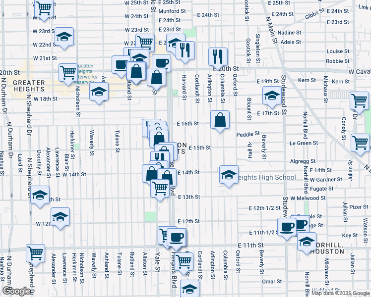 map of restaurants, bars, coffee shops, grocery stores, and more near 1498 Harvard Street in Houston