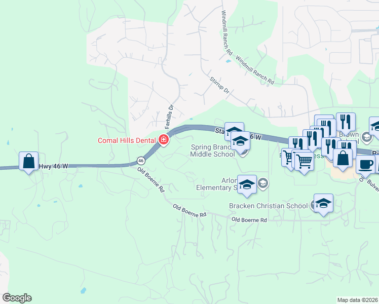 map of restaurants, bars, coffee shops, grocery stores, and more near 21535 Texas 46 in Spring Branch