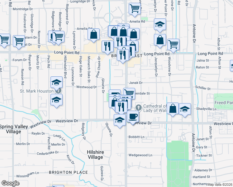 map of restaurants, bars, coffee shops, grocery stores, and more near 1511 Wirt Road in Houston