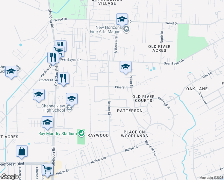 map of restaurants, bars, coffee shops, grocery stores, and more near 16030 Upshire Street in Channelview