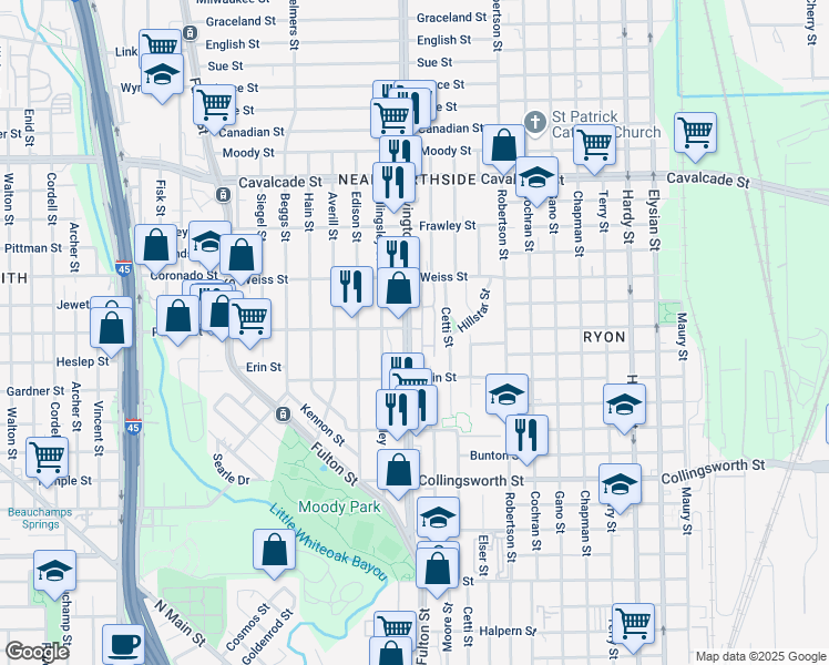 map of restaurants, bars, coffee shops, grocery stores, and more near 4004 Irvington Boulevard in Houston