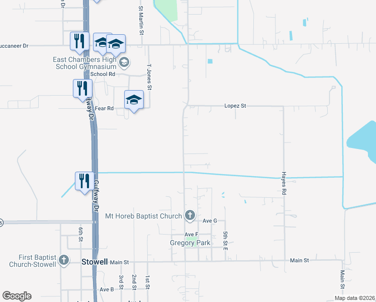 map of restaurants, bars, coffee shops, grocery stores, and more near 503 McDaniel South in Stowell