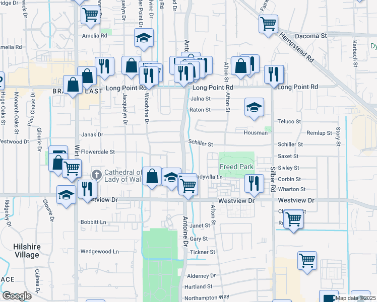 map of restaurants, bars, coffee shops, grocery stores, and more near 1521 Caywood Lane in Houston