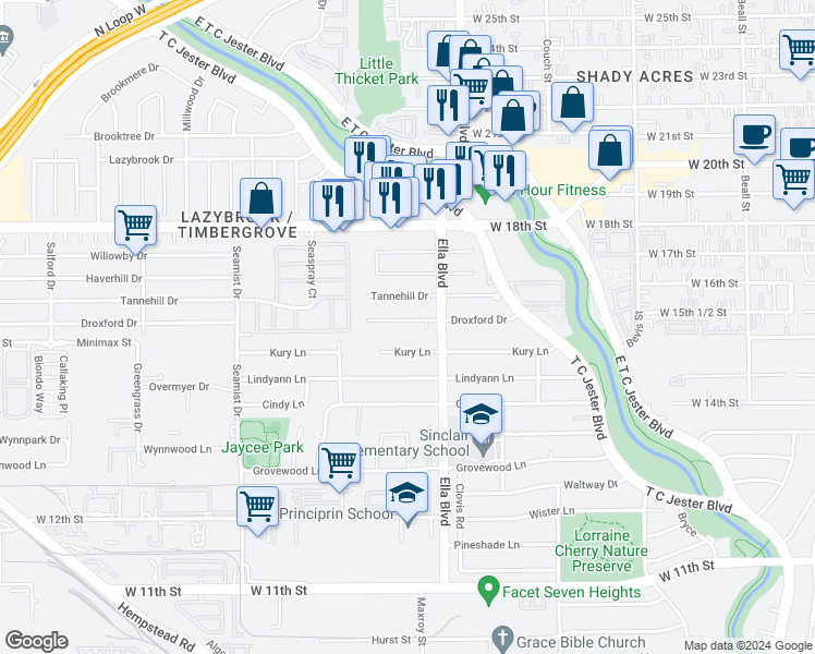 map of restaurants, bars, coffee shops, grocery stores, and more near 1722 Droxford Drive in Houston