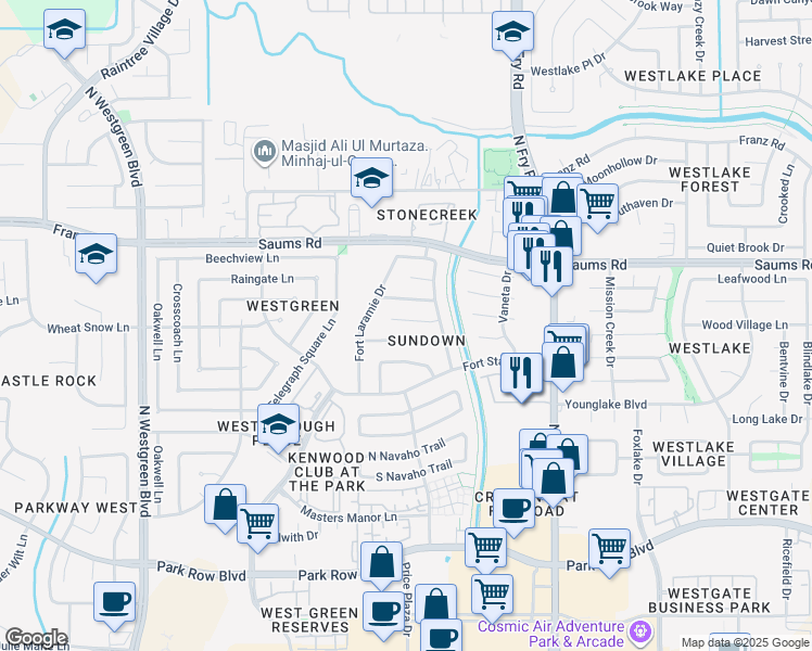 map of restaurants, bars, coffee shops, grocery stores, and more near 20043 Little Bighorn Drive in Katy