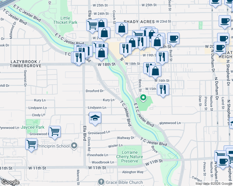 map of restaurants, bars, coffee shops, grocery stores, and more near 1640 T C Jester Boulevard in Houston