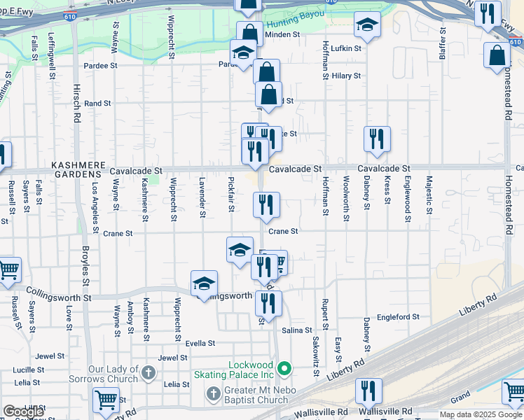 map of restaurants, bars, coffee shops, grocery stores, and more near 4110 Lockwood Drive in Houston