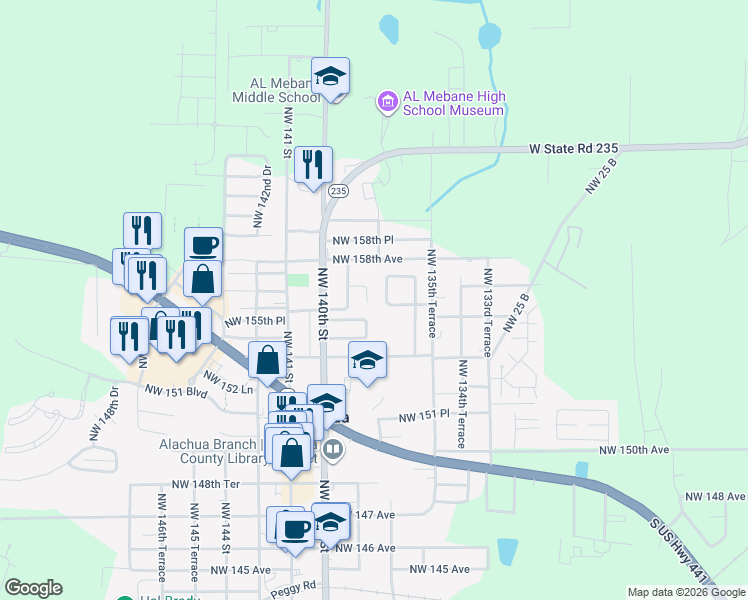 map of restaurants, bars, coffee shops, grocery stores, and more near 13810 Northwest 155th Lane in Alachua