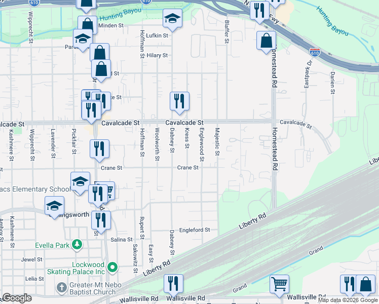 map of restaurants, bars, coffee shops, grocery stores, and more near 6105 Crane Street in Houston