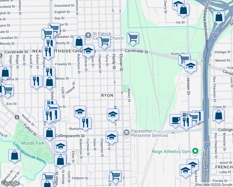 map of restaurants, bars, coffee shops, grocery stores, and more near 4102 Hardy Street in Houston