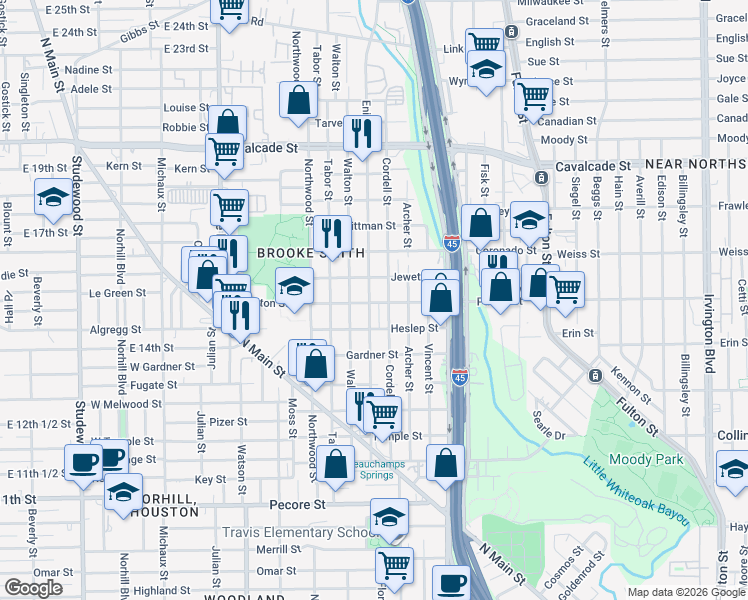map of restaurants, bars, coffee shops, grocery stores, and more near 704 Walton Street in Houston
