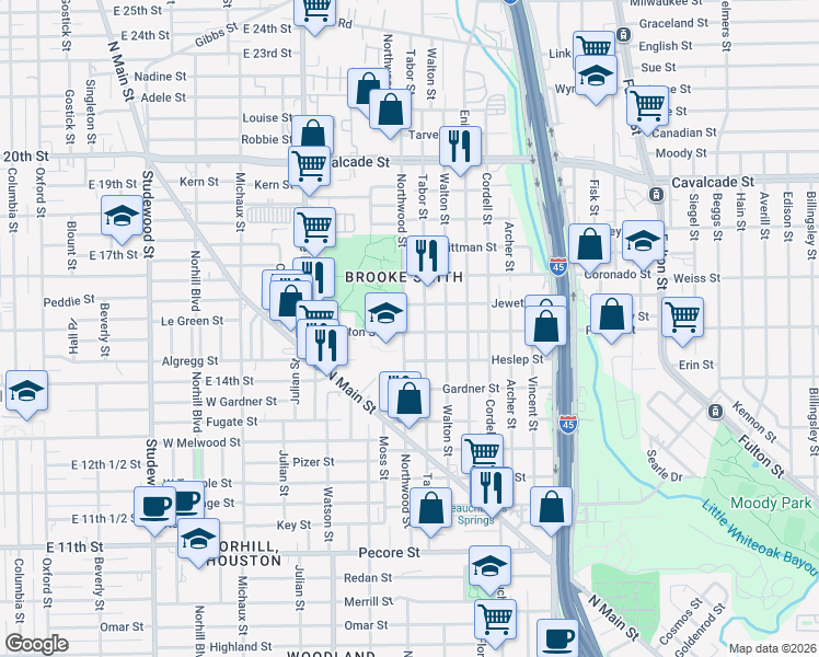 map of restaurants, bars, coffee shops, grocery stores, and more near 705 Tabor Street in Houston