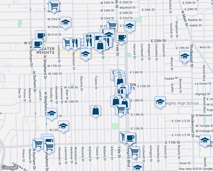 map of restaurants, bars, coffee shops, grocery stores, and more near 1435 Rutland Street in Houston