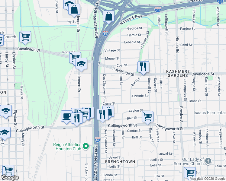 map of restaurants, bars, coffee shops, grocery stores, and more near 3137 Christie Street in Houston