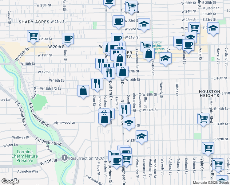 map of restaurants, bars, coffee shops, grocery stores, and more near 1432 Laird Street in Houston