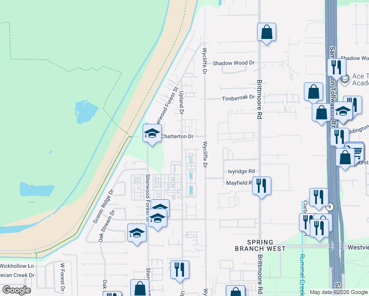 map of restaurants, bars, coffee shops, grocery stores, and more near 1763 Upland Drive in Houston