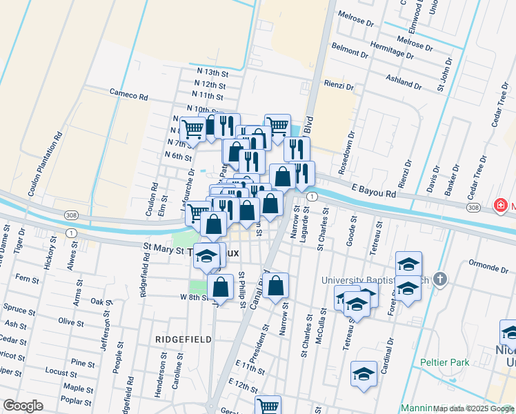 map of restaurants, bars, coffee shops, grocery stores, and more near 108 Green Street in Thibodaux