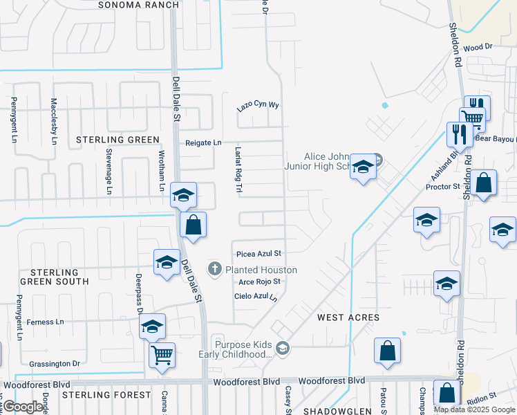 map of restaurants, bars, coffee shops, grocery stores, and more near 15427 Bosque Viejo Trail in Channelview
