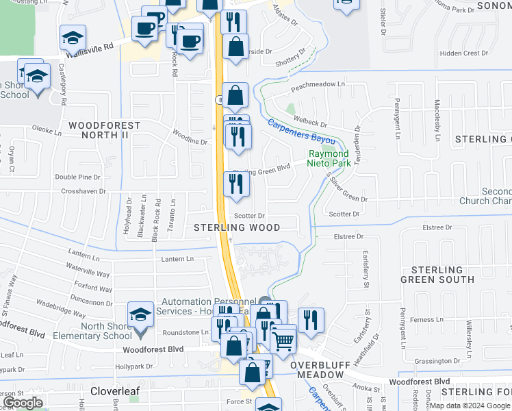 map of restaurants, bars, coffee shops, grocery stores, and more near 1310 Castle Glen Drive in Houston