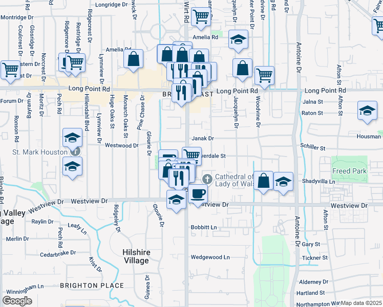 map of restaurants, bars, coffee shops, grocery stores, and more near 1527 Baggett Lane in Houston