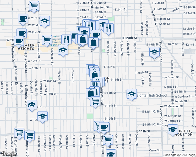map of restaurants, bars, coffee shops, grocery stores, and more near 1522 Yale Street in Houston