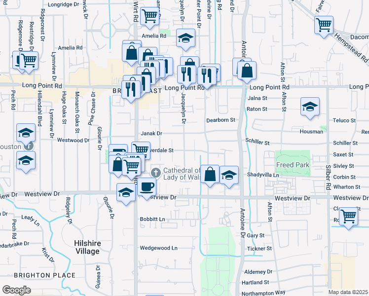 map of restaurants, bars, coffee shops, grocery stores, and more near 1615 Jacquelyn Drive in Houston