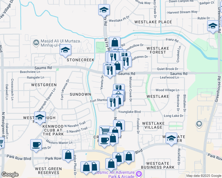 map of restaurants, bars, coffee shops, grocery stores, and more near 2205 North Fry Road in Katy
