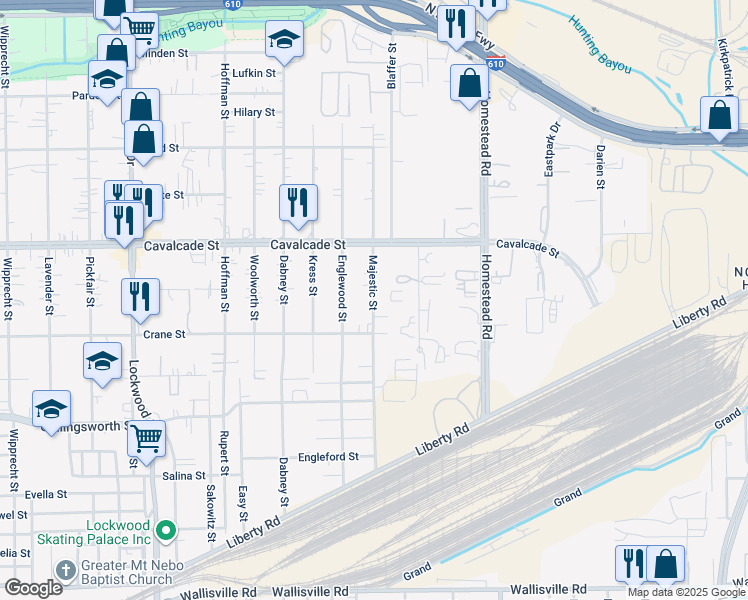 map of restaurants, bars, coffee shops, grocery stores, and more near 4205 Majestic Street in Houston