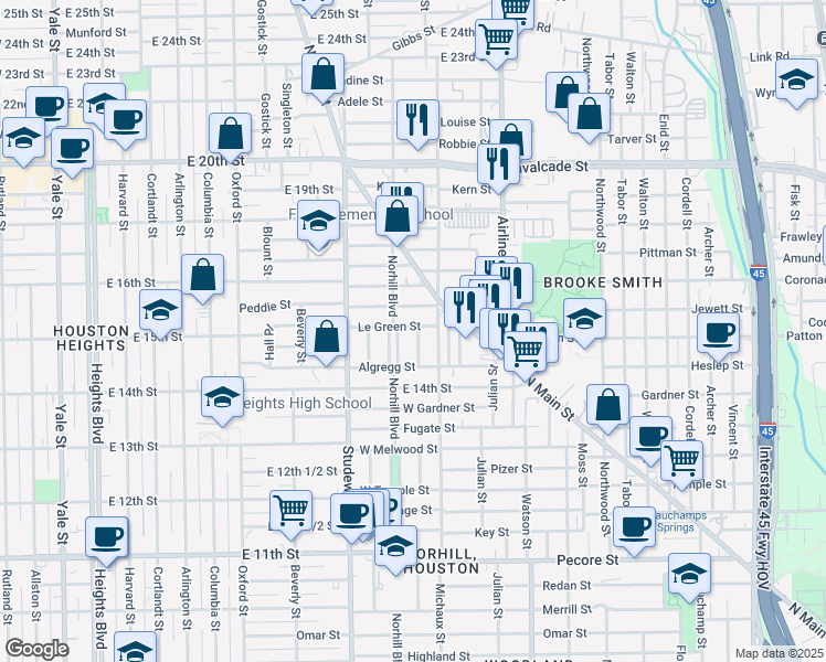 map of restaurants, bars, coffee shops, grocery stores, and more near 1018 Peddie Street in Houston