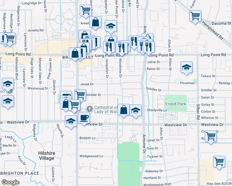 map of restaurants, bars, coffee shops, grocery stores, and more near 7603 Janak Drive in Houston