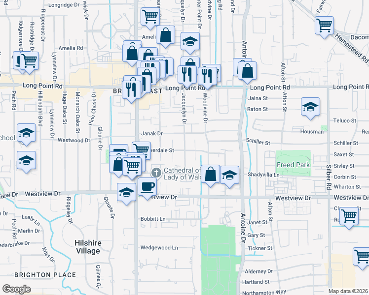 map of restaurants, bars, coffee shops, grocery stores, and more near 1615 Jacquelyn Drive in Houston