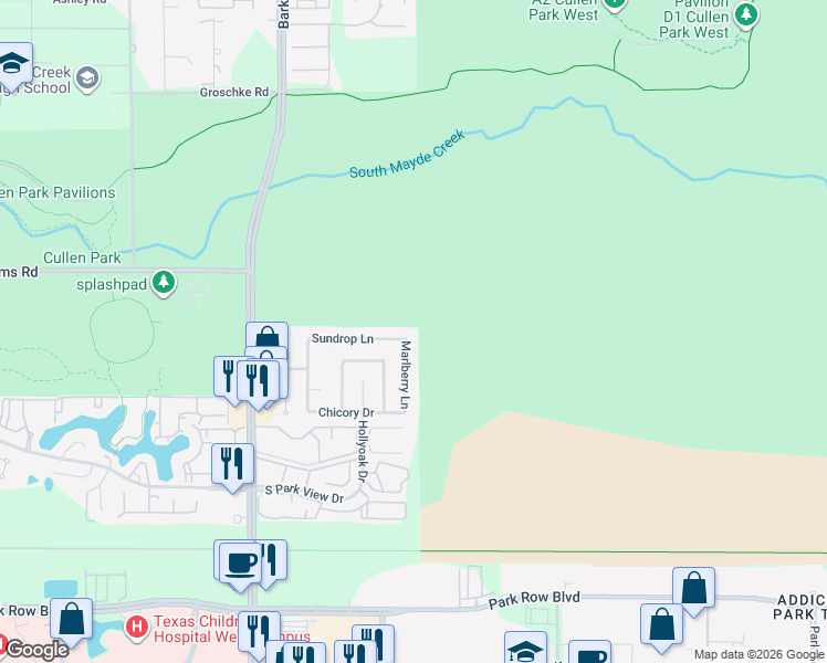 map of restaurants, bars, coffee shops, grocery stores, and more near 17402 Sundrop Lane in Houston