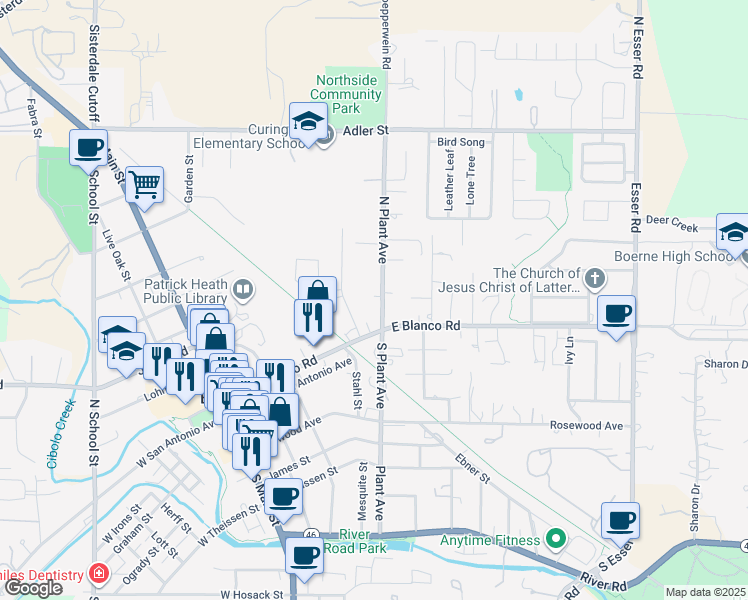 map of restaurants, bars, coffee shops, grocery stores, and more near 134 North Plant Avenue in Boerne