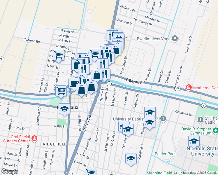 map of restaurants, bars, coffee shops, grocery stores, and more near 305 East 2nd Street in Thibodaux