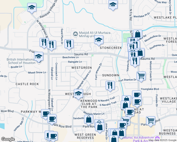 map of restaurants, bars, coffee shops, grocery stores, and more near 20034 Moonflower Lane in Katy