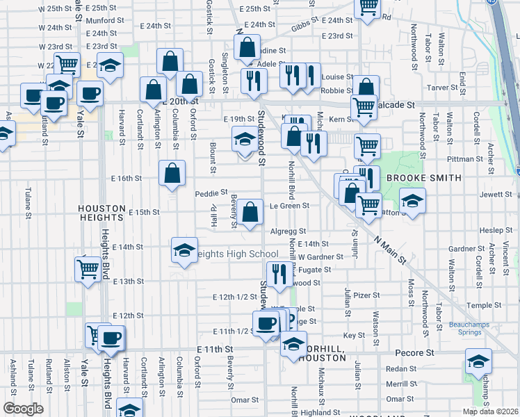 map of restaurants, bars, coffee shops, grocery stores, and more near 838 Peddie Street in Houston