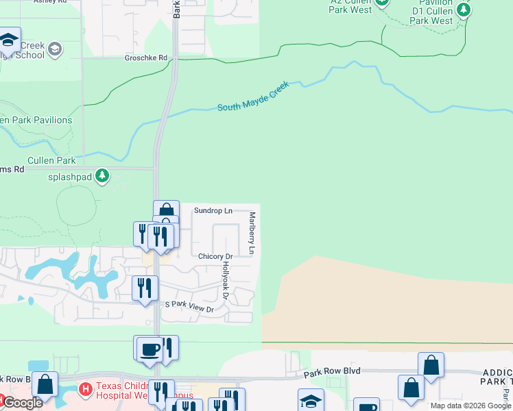 map of restaurants, bars, coffee shops, grocery stores, and more near 17402 Sundrop Lane in Houston