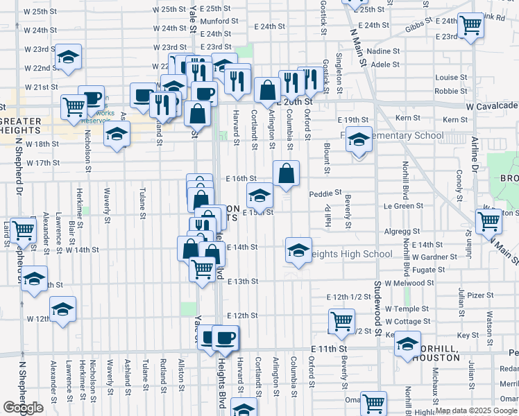 map of restaurants, bars, coffee shops, grocery stores, and more near 301 East 15th Street in Houston