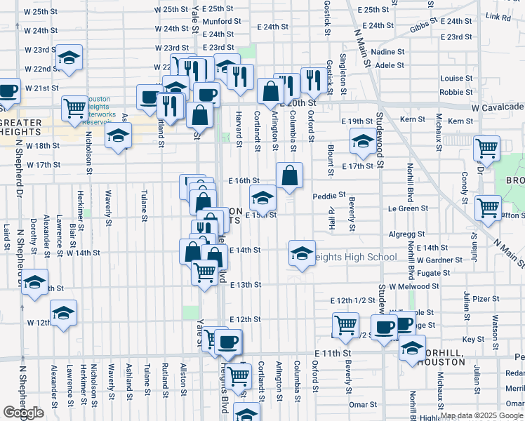 map of restaurants, bars, coffee shops, grocery stores, and more near 301 East 15th Street in Houston