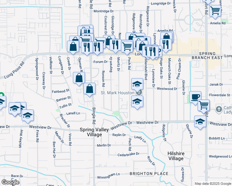map of restaurants, bars, coffee shops, grocery stores, and more near 1541 Moritz Drive in Houston