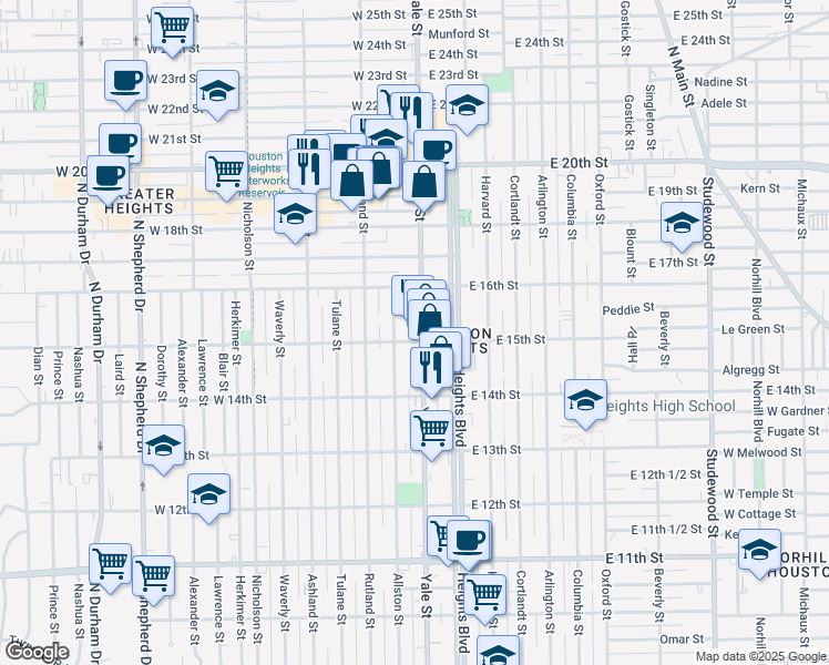 map of restaurants, bars, coffee shops, grocery stores, and more near 201 West 15th Street in Houston